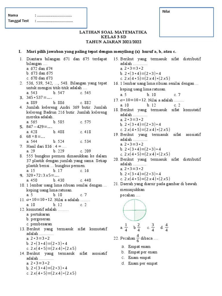 Latihan Soal Matematika Kelas 3 SD | PDF | Metode & Bahan Ajar