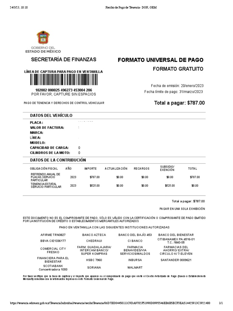 Recibo de Pago de Tenencia Ejemplo PDF Dinero Bancos