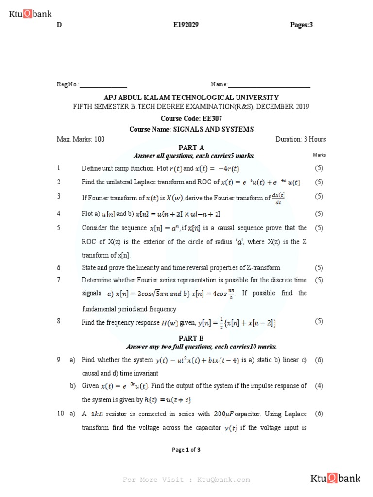 Signals and Systems Exam Questions | PDF | Mathematical Analysis ...