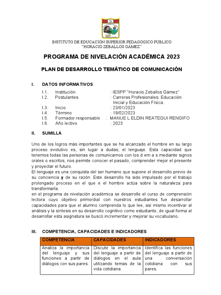 Plan de Desarrollo Temático 2023 | PDF | Comprensión lectora | Evaluación