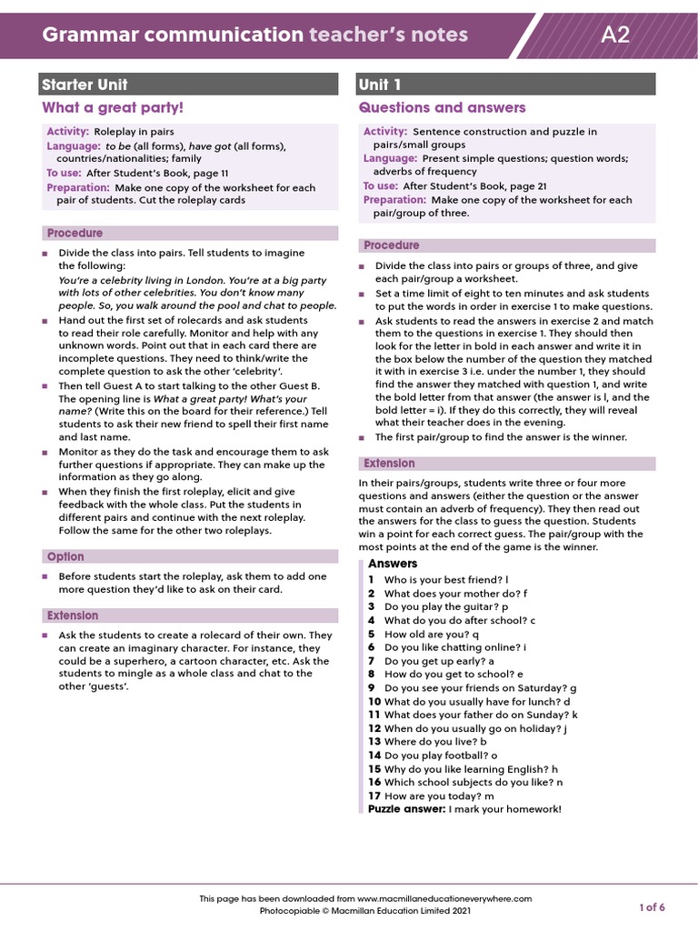 A2 - Grammar - Communication - Teacher's Notes | PDF | Question | Crossword