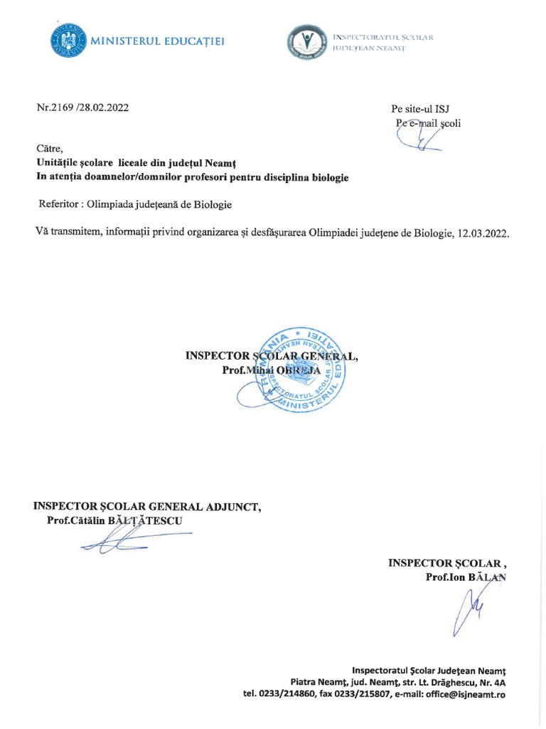 Adresa 2169 Ref Olimpiada Judeteana de Biologie PDF