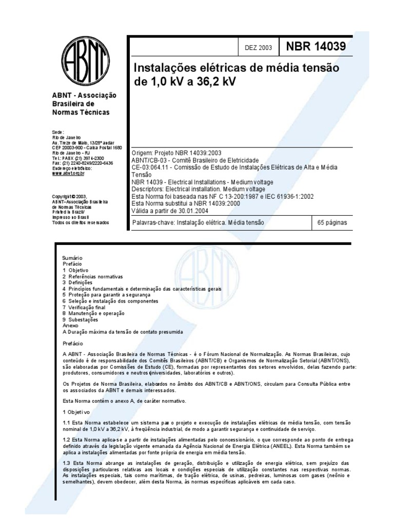 NBR 14039 - Instalações Elétricas de Média Tensão PDF | PDF | Fiação ...