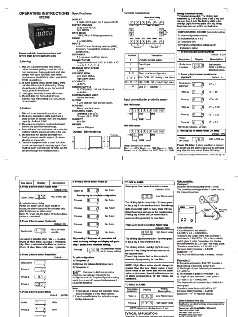 Operating Instructions Terminal Connections Specifications PDF