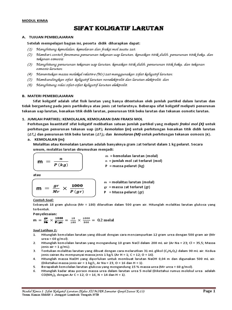 Modul 1 Sifat Koligatif Larutan - Pendahuluan | PDF