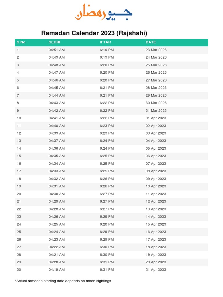 Rajshahi Ramadan Calendar 2023 Georamadan PDF PDF