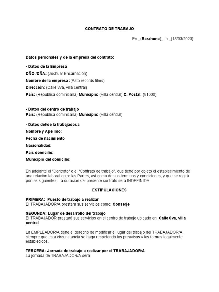 Contracto de Trabajo de Conserje o Encargado de Limpieza | PDF ...