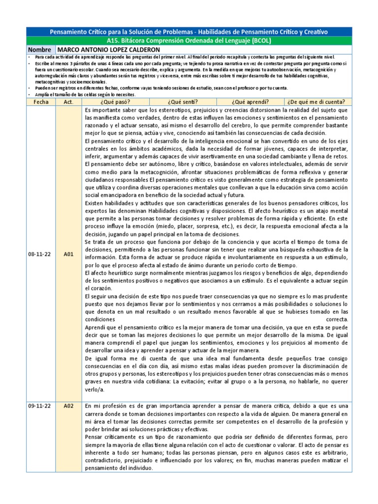 1a. Bitácora COL de Campirán | PDF | Pensamiento | Pensamiento crítico