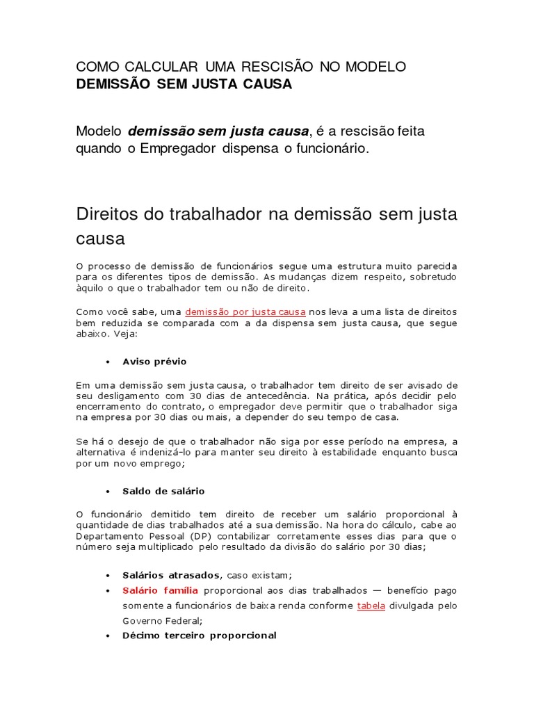 Cálculo de Rescisão Sem Justa Causa | PDF | Férias trabalhistas | Hora ...