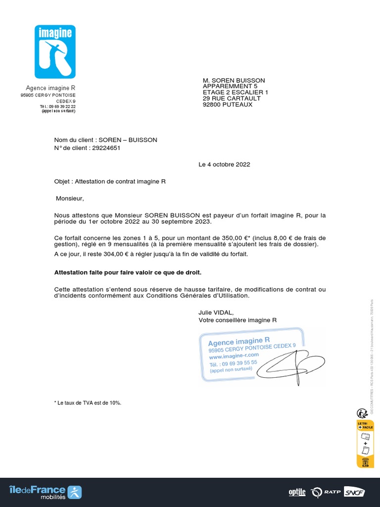 Attestation contrat Imagine R 2022-2023 | PDF
