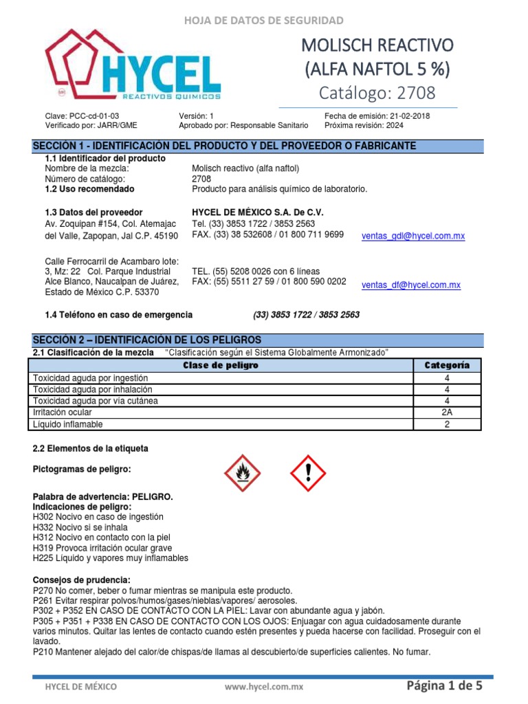 Hoja de datos de seguridadMolisch reactivo (Alfa naftol 5)2708Hycel PDF Ácido Agua