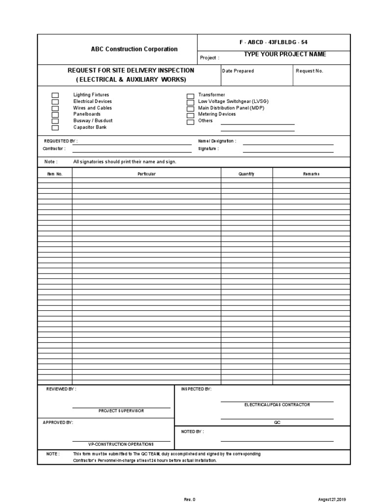Site Delivery Inspection Request Form | PDF