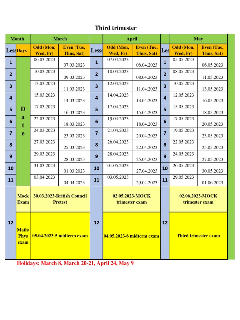 Third Trimester Lesson and Exam Schedule PDF