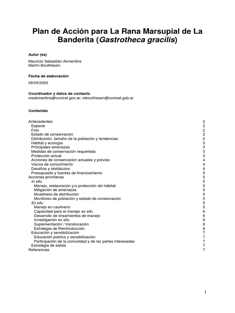 Gastrotheca Gracilis Plan de Acción PDF Destrucción del habitát