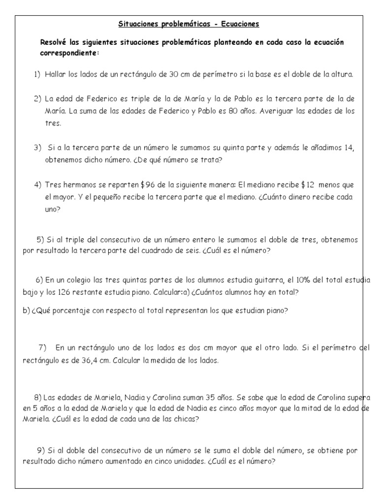 Situaciones Problemáticas Con Ecuaciones. | PDF