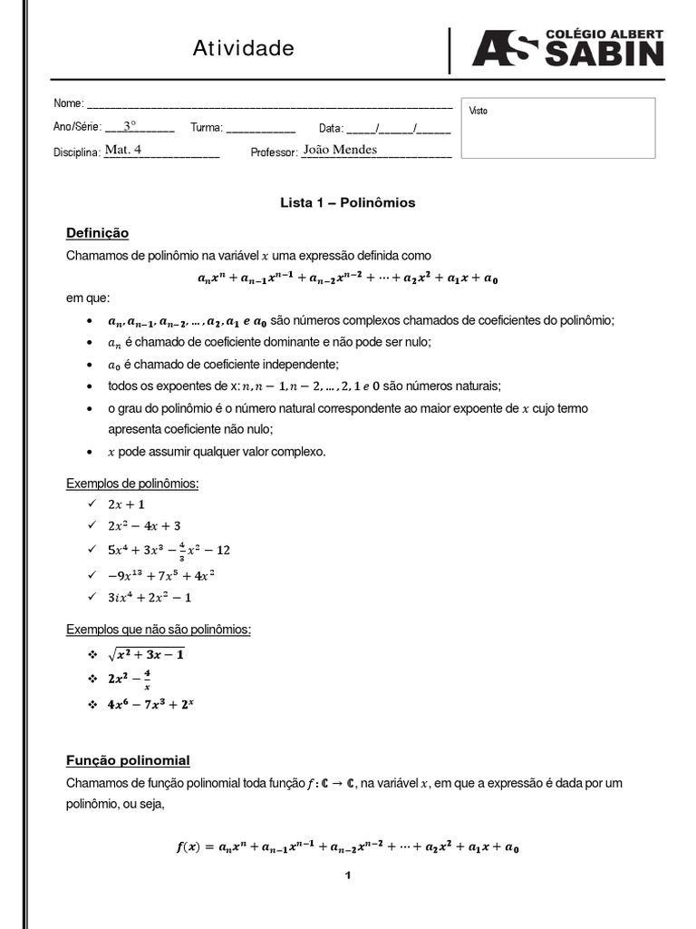 Introdução aos Polinômios e Exercícios | PDF | Polinomial | Função ...