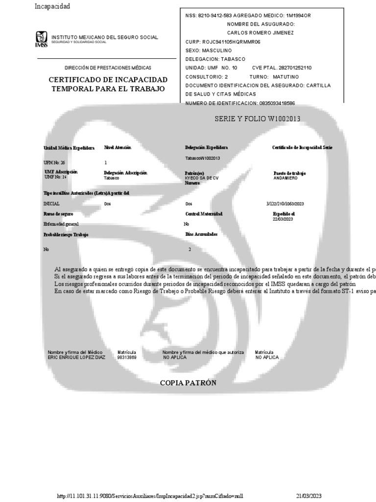 Formato de Incapacidad IMSS 2023 | PDF | Ciencias de la Salud