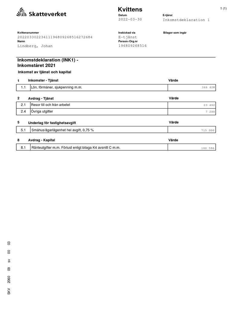 Kvittens 196809268516 Inkomstdeklaration 1 2022 PDF