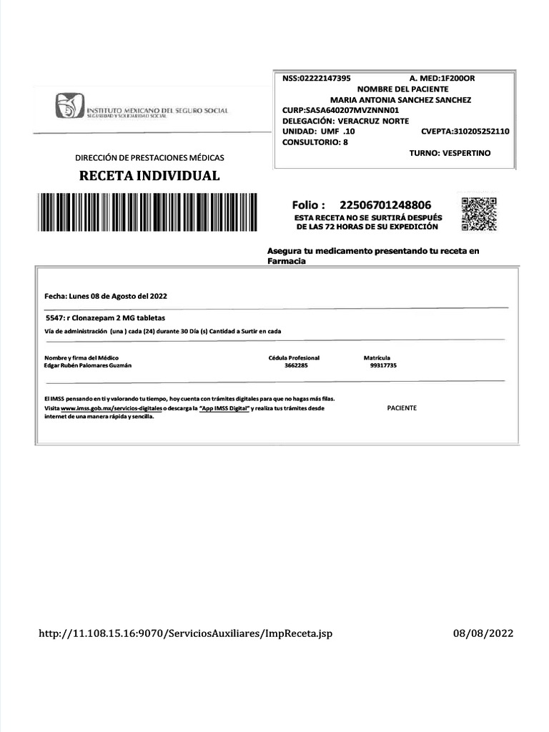 Receta médica individual para María Antonia Sánchez con Clonazepam ...