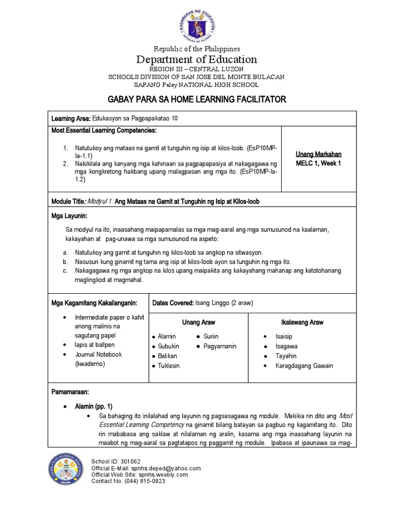 HG Facilitation Guide Grade 10 ESP MELC 1 Week 1 | PDF