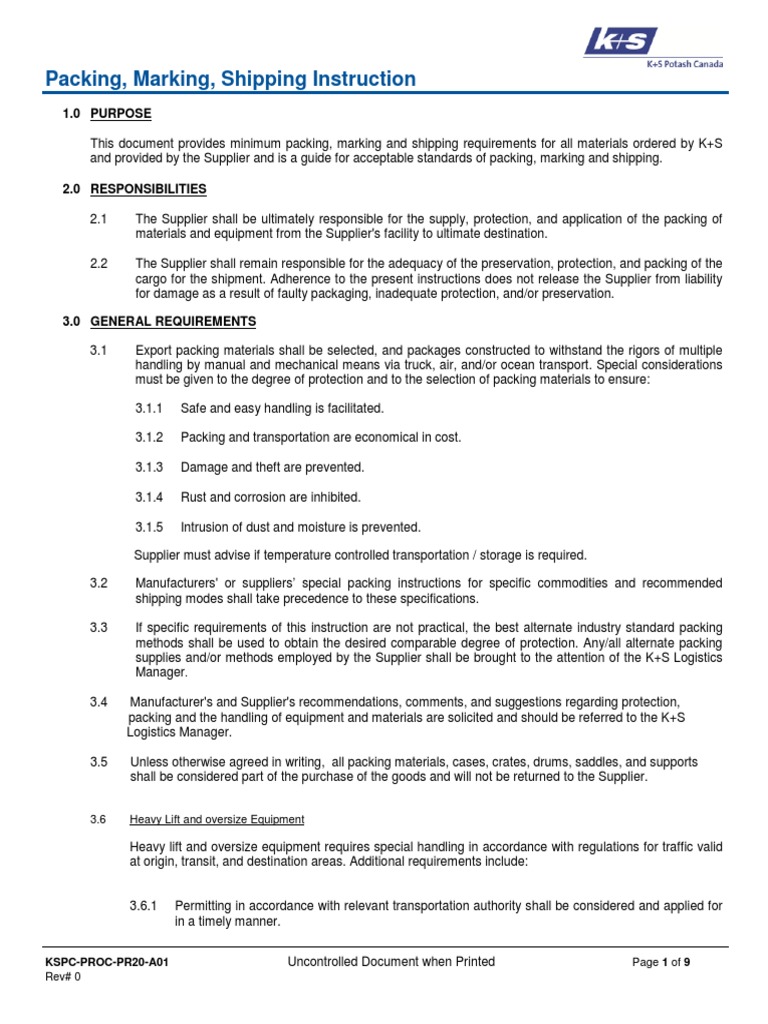 KSPC Packing Marking Shipping Instruction PDF Cargo Pallet