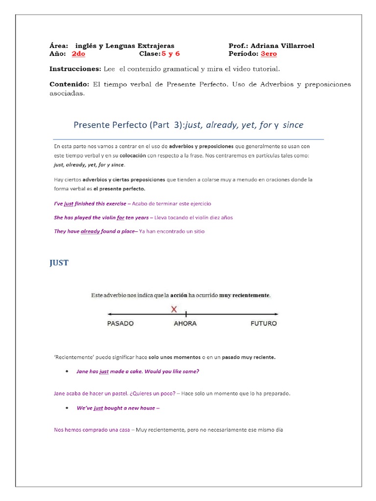 Presente Perfecto (Part 3) - Just, Already, Yet, For y Since - PDF ...