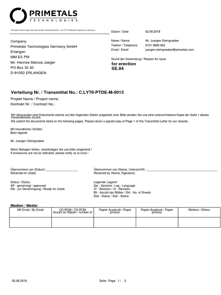 Transmittal - C LY70 PTDE M 0013 PDF | PDF