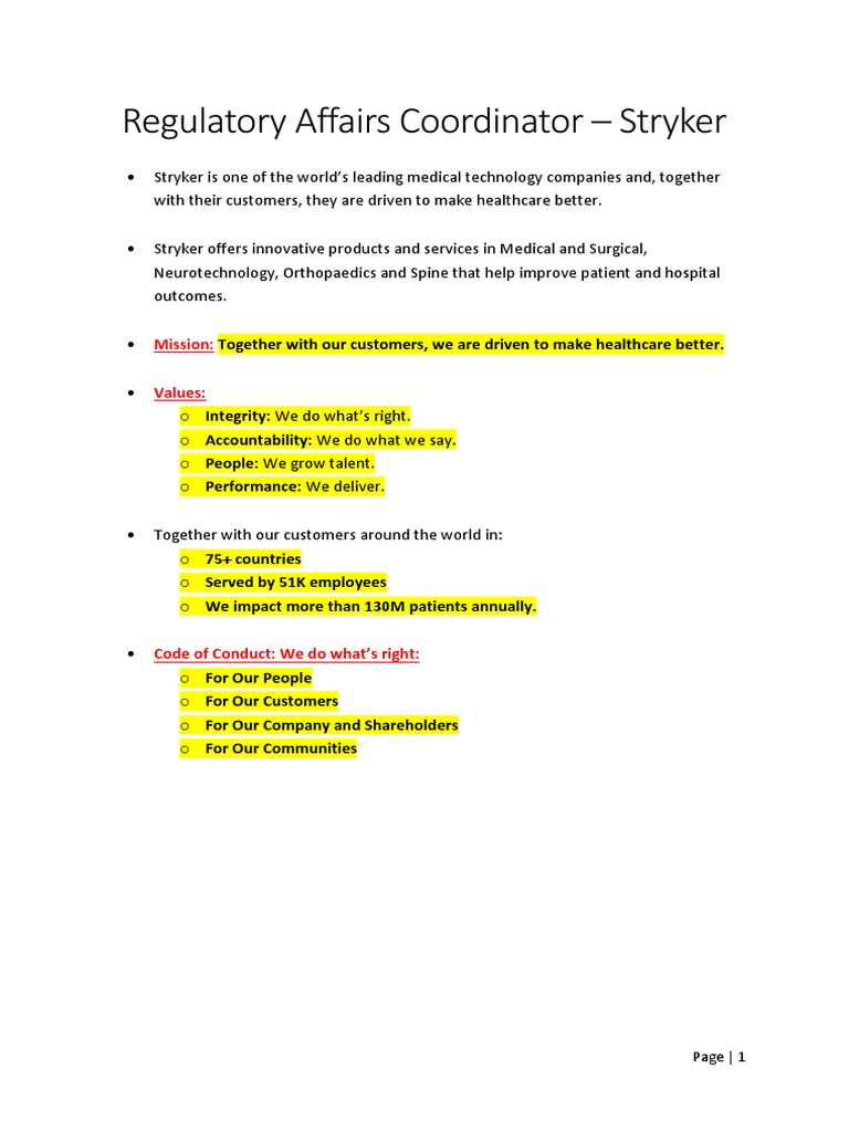 Regulatory Affairs Coordinator Stryker PDF Health Care Medical