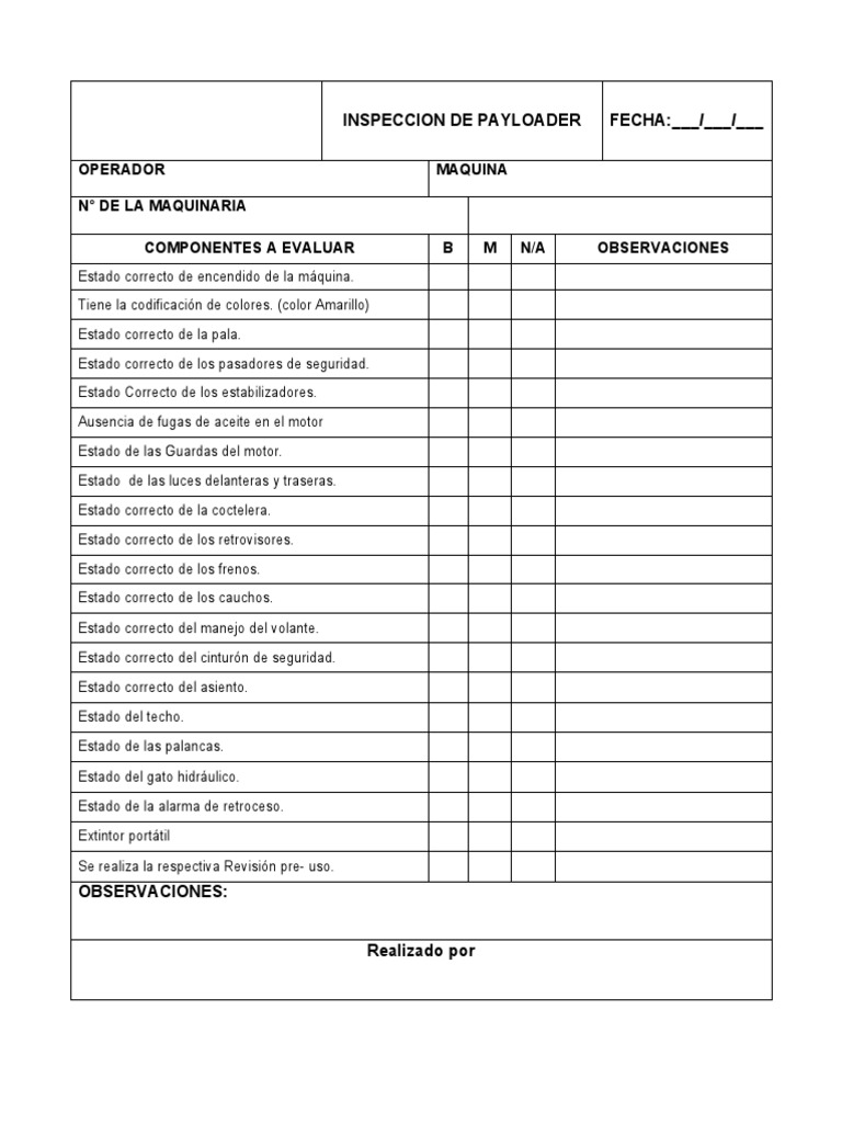 Inspección Preoperacional de Payloader | PDF | Tecnología