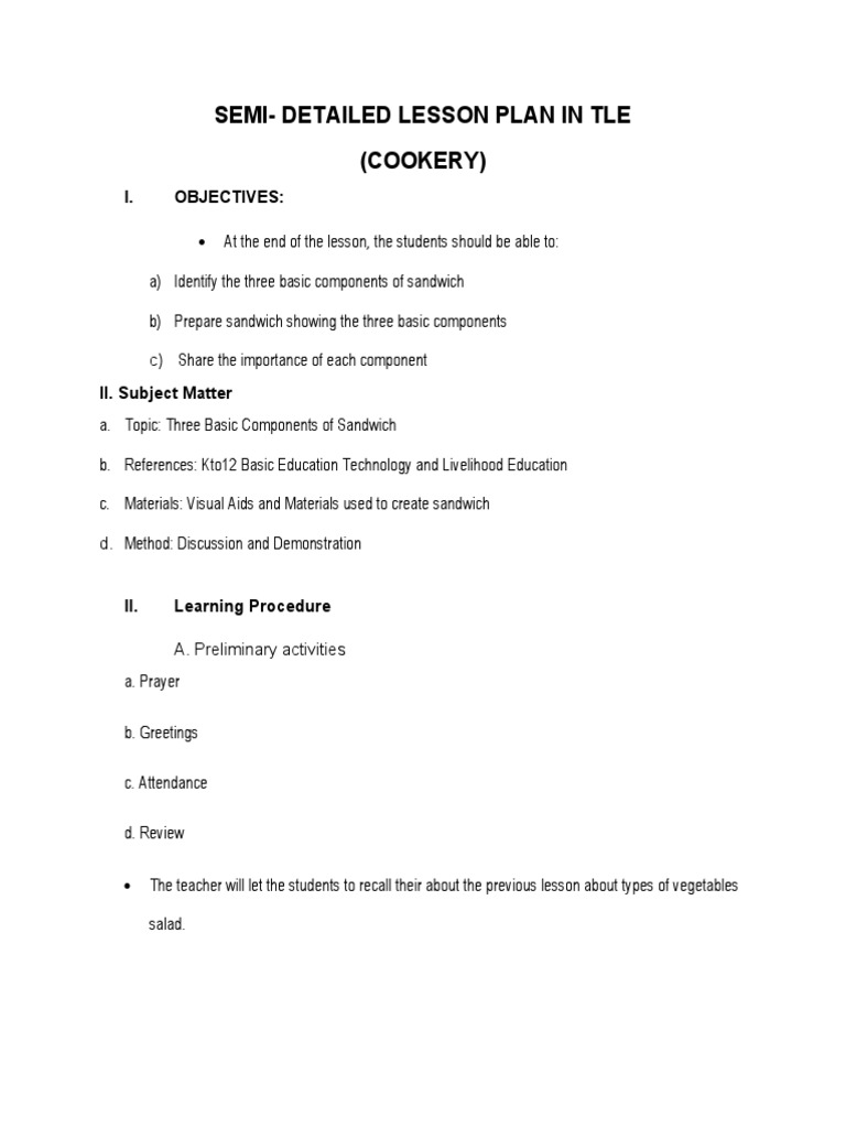 Basic Components Of Sandwich Lesson Plan