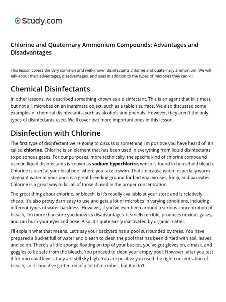 Lesson 10 Chlorine and Quaternary Ammonium Compounds Advantages and
