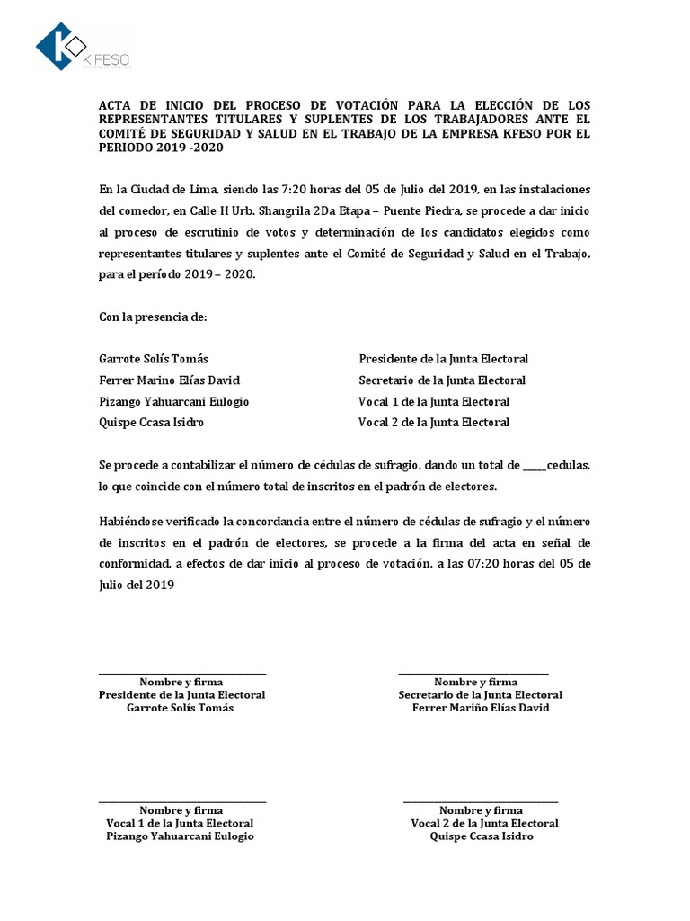 Acta Inicio Proceso de Eleccion - KFESO | PDF