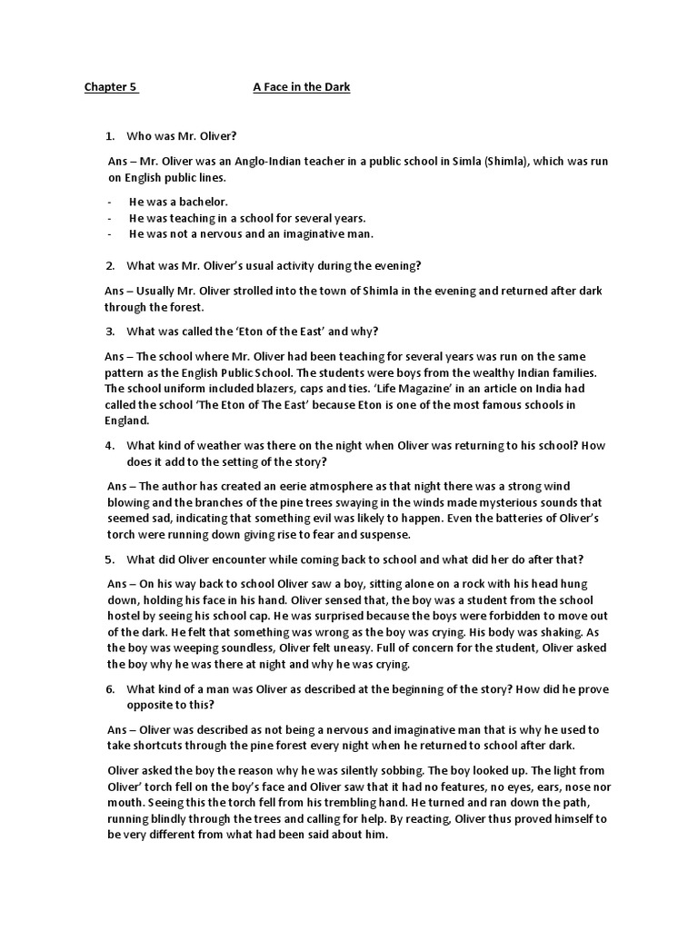 English A Face in The Dark QuestionAnswers and Theme PDF