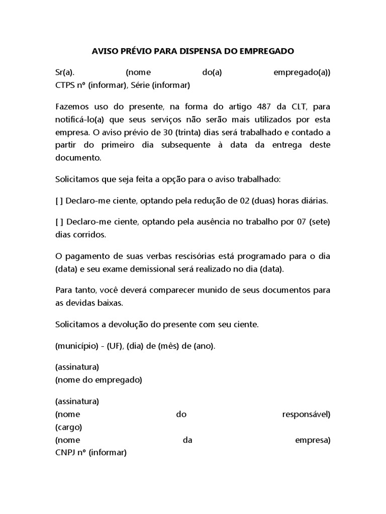 Aviso Prévio para Dispensa Do Empregado | PDF