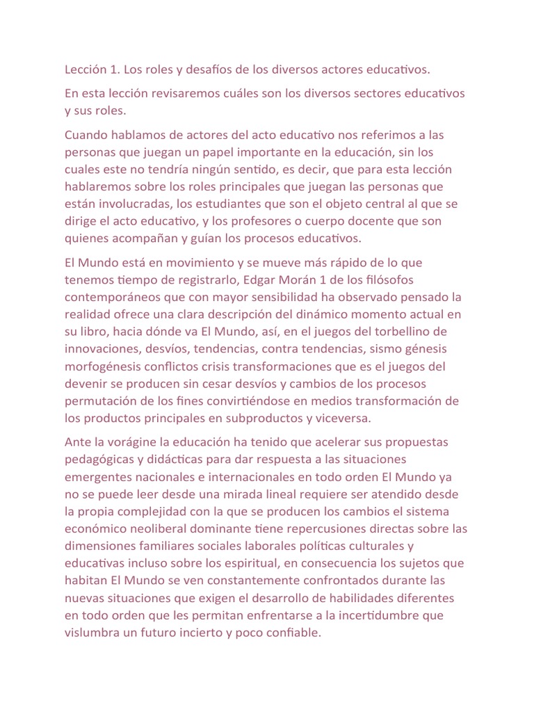 Lección 1. Los Roles y Desafíos de Los Diversos Actores Educativos ...