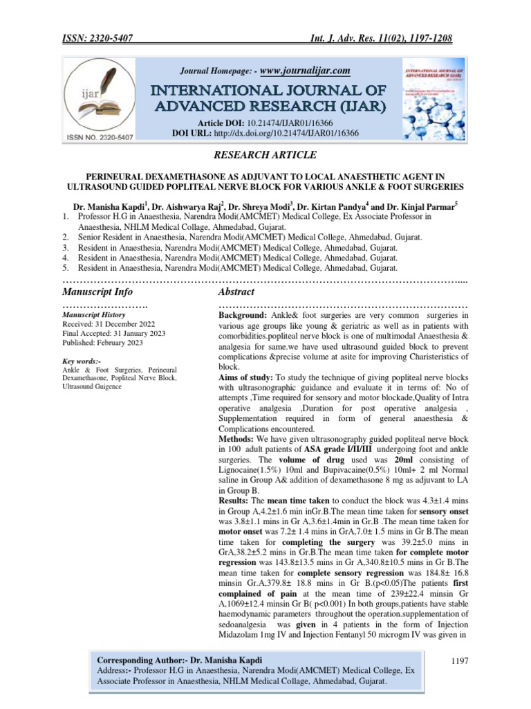 Perineural Dexamethasone As Adjuvant To Local Anaesthetic Agent in Ultrasound Guided Popliteal