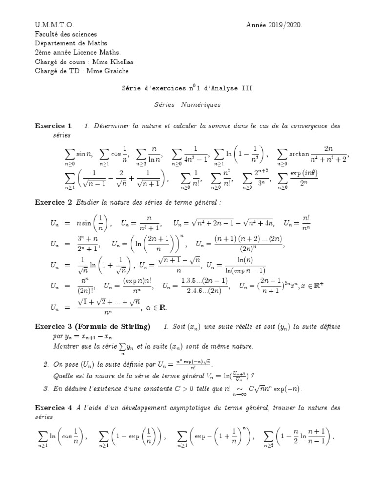 Série - TD1 - Series Numériques - Fev - 2020 | PDF | Mathématiques ...