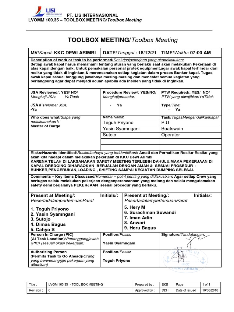 LVOM 100.34 Toolbox Meeting Procedure PDF