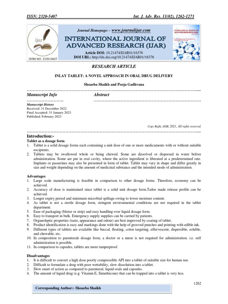 Inlay Tablet A Novel Approach in Oral Drug Delivery PDF Tablet