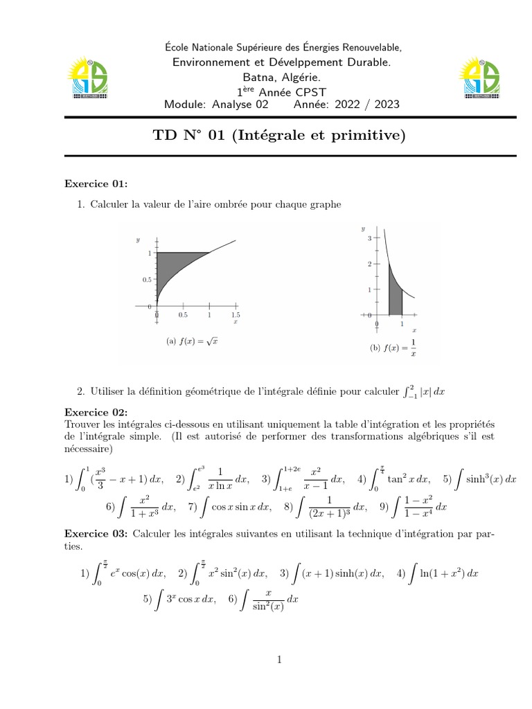 Intégrales et Primitives : Exercices TD01 | PDF | Intégral | Concepts ...