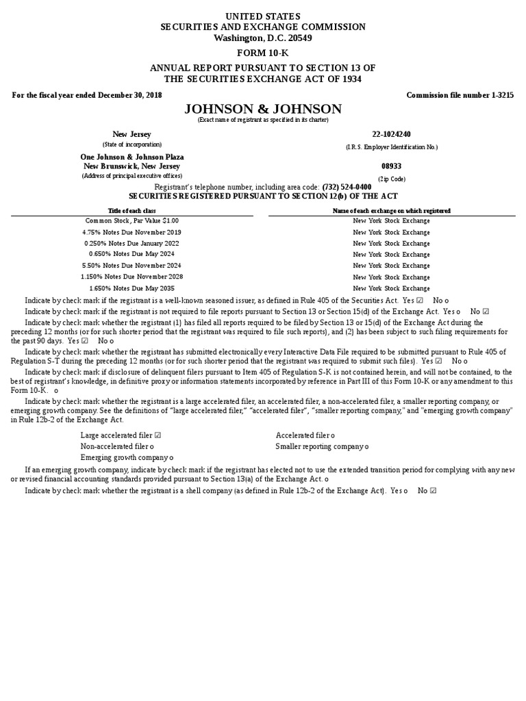 Johnson & Johnson 10K 2018 PDF PDF Form 10 K Food And Drug