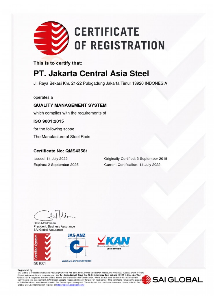 Jakarta Central Asia Steel Certificate QMS43581 20220714 | PDF