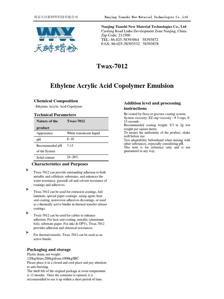 Product Specification and Technical Details of the Ethylene Acrylic