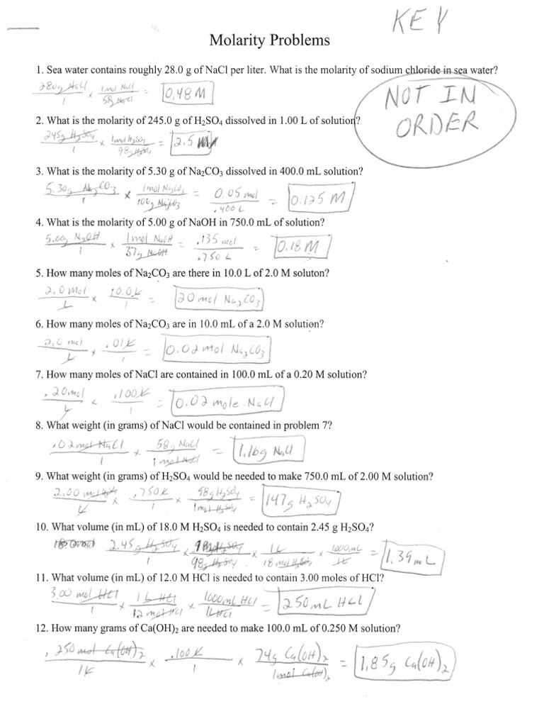 Molarity Problems Key PDF