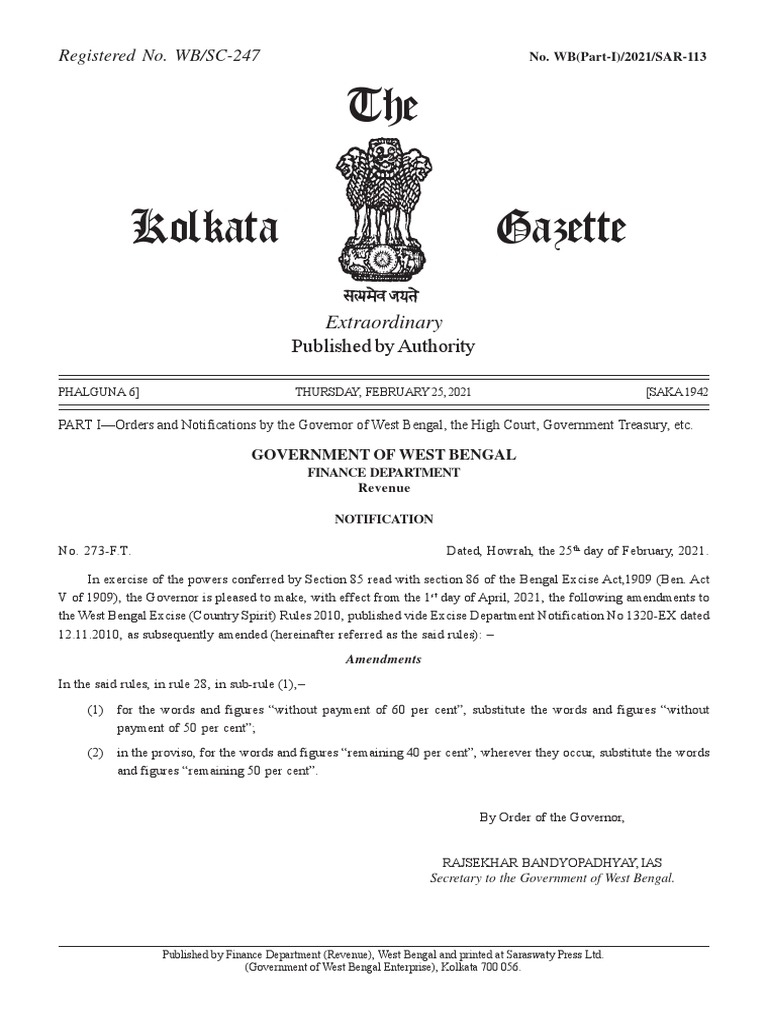 West Bengal Excise Rules Amendment 2021 | PDF | Government | Public Law