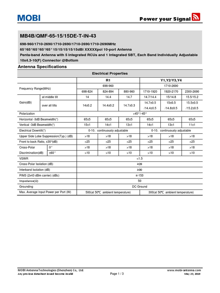 Advanced Telecom Antenna Specs | PDF | Antenna (Radio) | Decibel