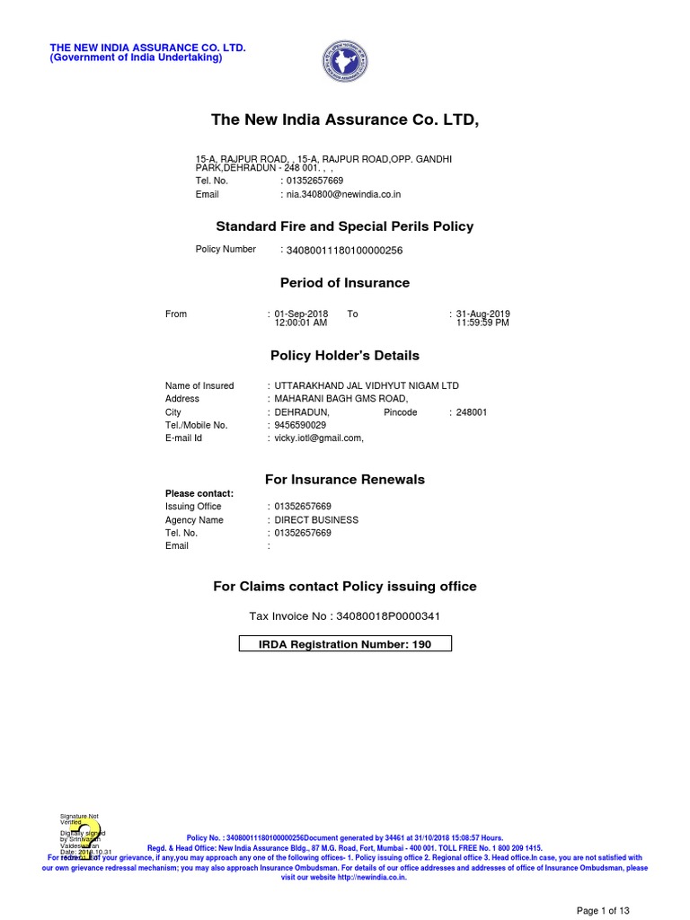 Standard Fire And Special Perils Policy Solar Power Plant October 2018