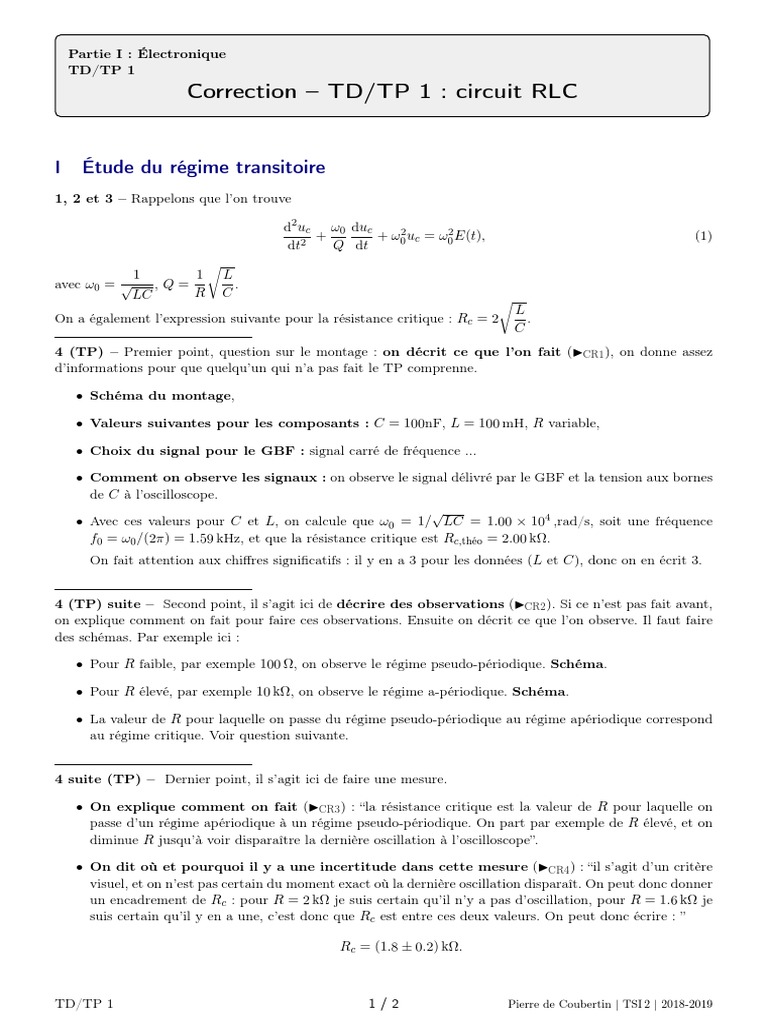 Correction TP Circuit RLC | PDF | Électronique | Électricité