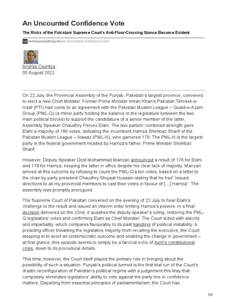 An Uncounted Confidence Vote (Analysis of Elahi v. Deputy Speaker