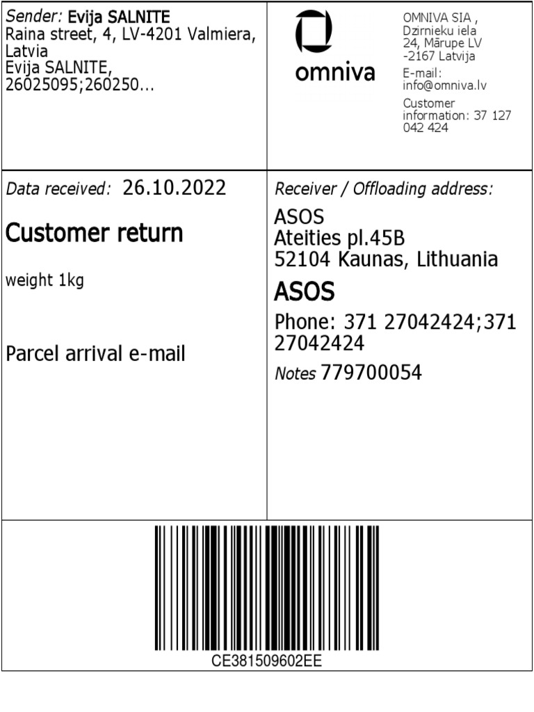 ASOS Return via Omniva to Kaunas | PDF